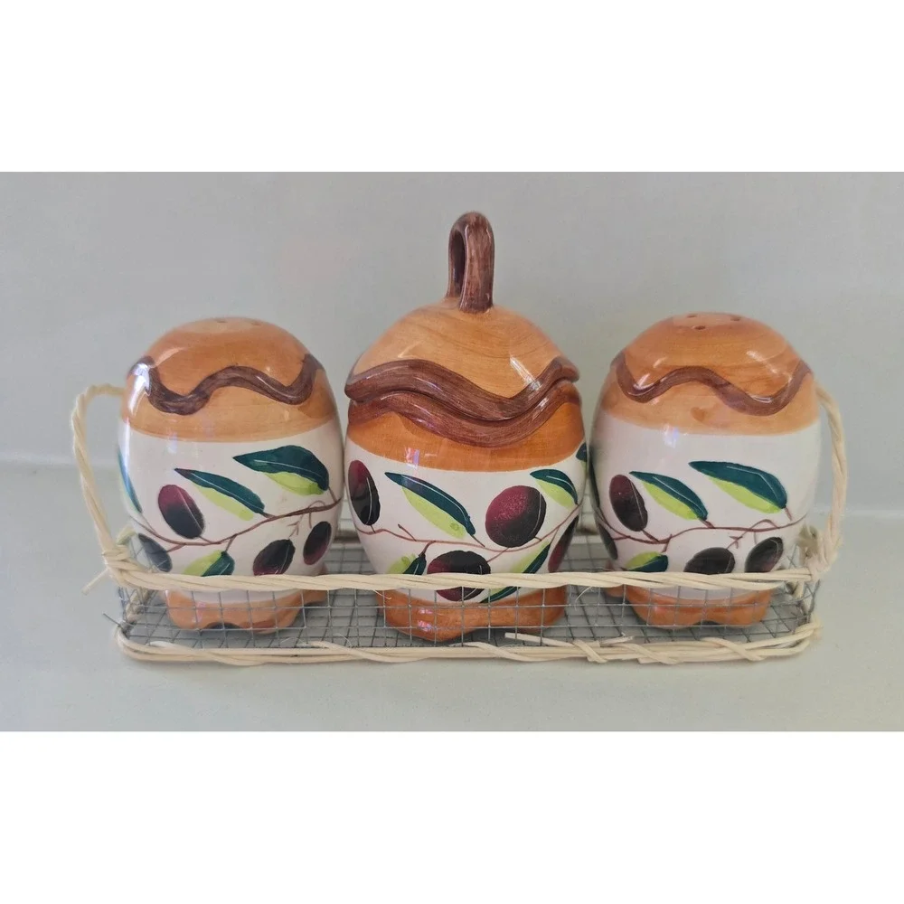 Ceramic Olive Branch Salt‎ Pepper Shakers and Sugar Pot Set with Wicker Caddy
